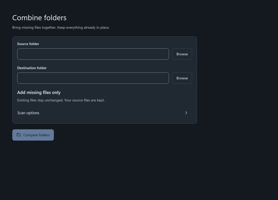 The Combine folders workflow in WhimRoom, rendered from the Windows application